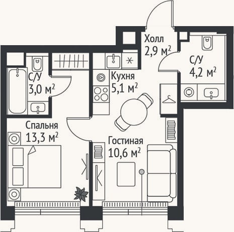 Планировка: 2-к, 39,1 м²