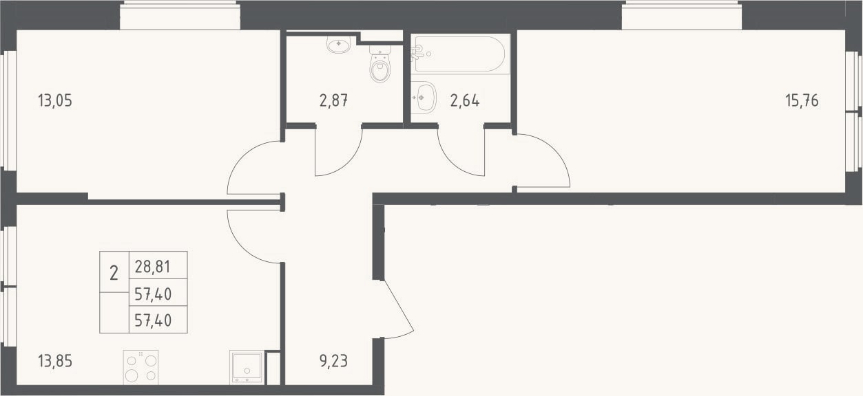 Планировка: 2-к, 57,4 м²