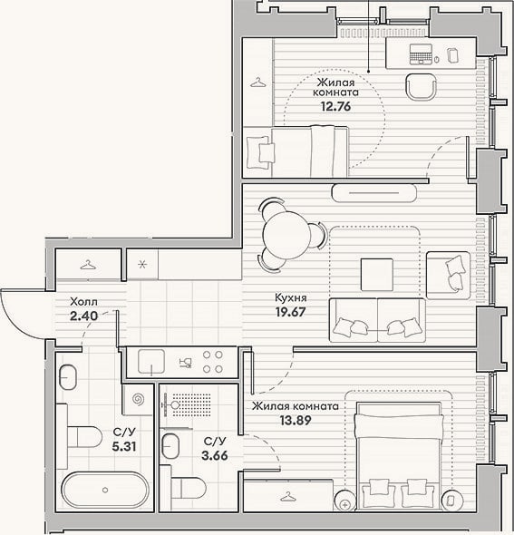 Планировка: 2-к, 57,7 м²