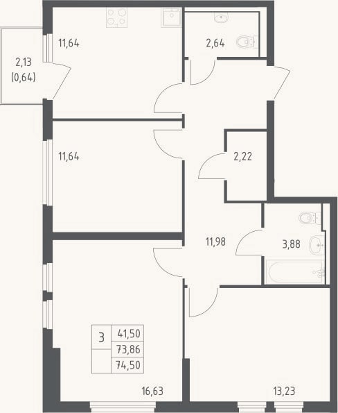 Планировка: 3-к, 73,9 м²