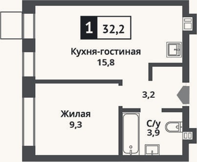 Планировка: 2-к, 32,2 м²
