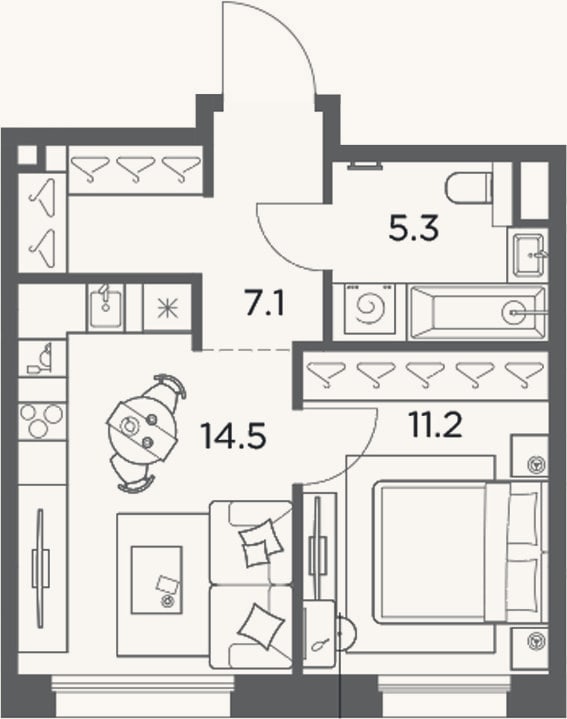 Планировка: 1-к, 38,1 м²