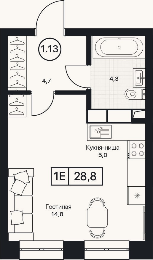 Планировка: Студия, 28,8 м²