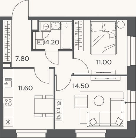 Планировка: 2-к, 49,1 м²