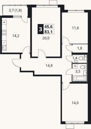 Планировка: 3-к, 81,3 м²