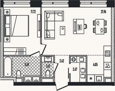 Планировка: 2-к, 50,4 м²