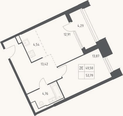 Планировка: 2-к, 49,5 м²
