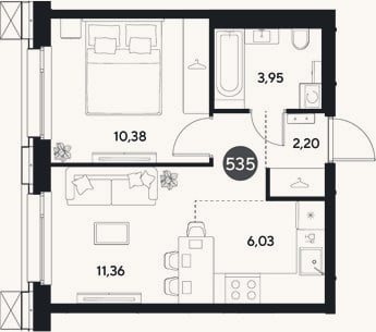 Планировка: 2-к, 33,9 м²