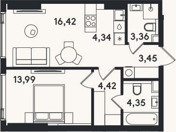Планировка: 2-к, 50,6 м²