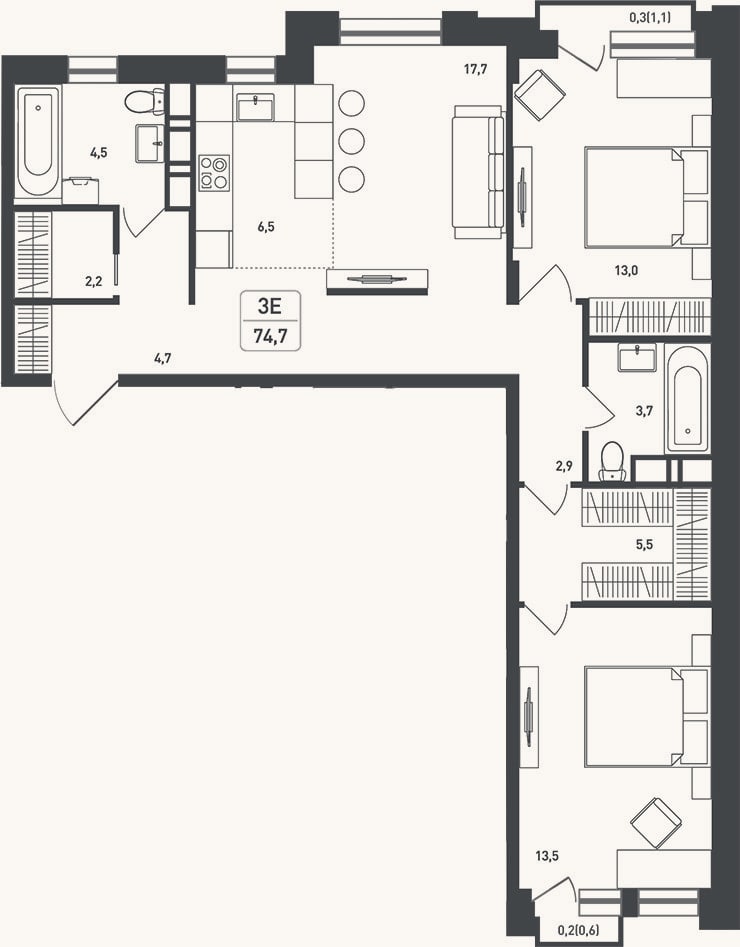 Планировка: 3-к, 77,1 м²