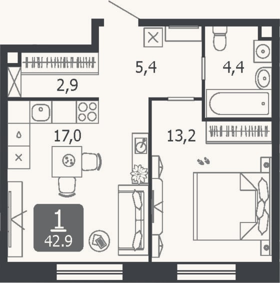 Планировка: 2-к, 42,9 м²