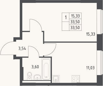 Планировка: 1-к, 33,5 м²