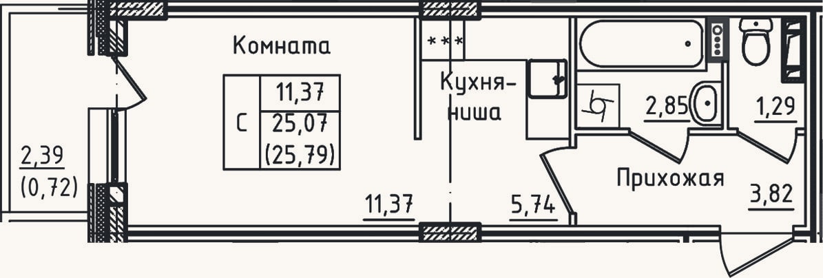 Планировка: Студия, 25,1 м²