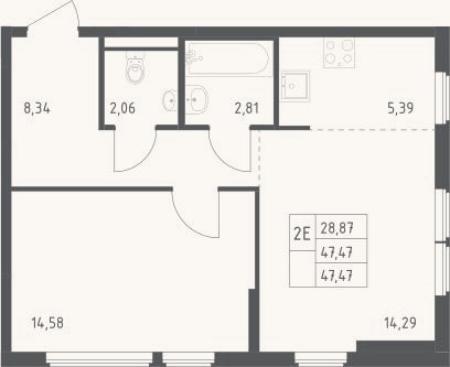 Планировка: 2-к, 47,5 м²