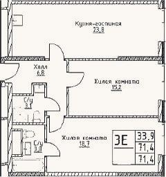 Планировка: 3-к, 71,4 м²