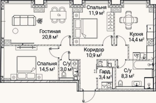 Планировка: 3-к, 87,2 м²