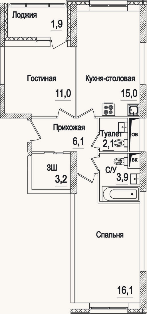 Планировка: 3-к, 57,4 м²