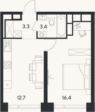 Планировка: 1-к, 35,8 м²