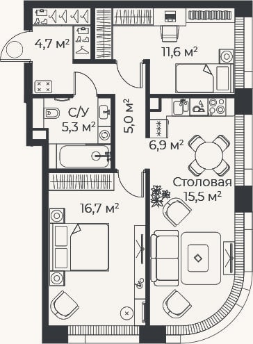 Планировка: 3-к, 65,6 м²