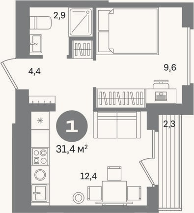 Планировка: 1-к, 29,1 м²