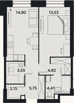 Планировка: 1-к, 49,1 м²