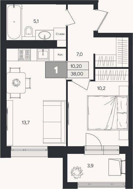 Планировка: 1-к, 36,1 м²