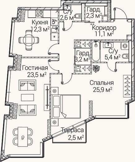 Планировка: 2-к, 84,8 м²