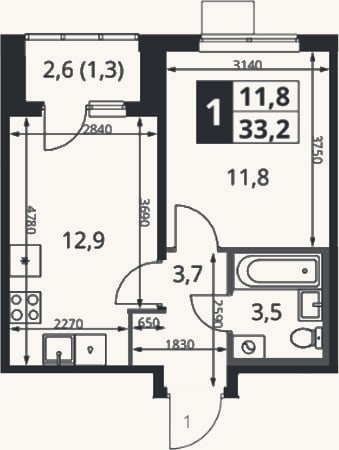 Планировка: 1-к, 31,9 м²