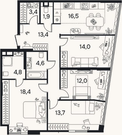 Планировка: 4+ к, 102,2 м²