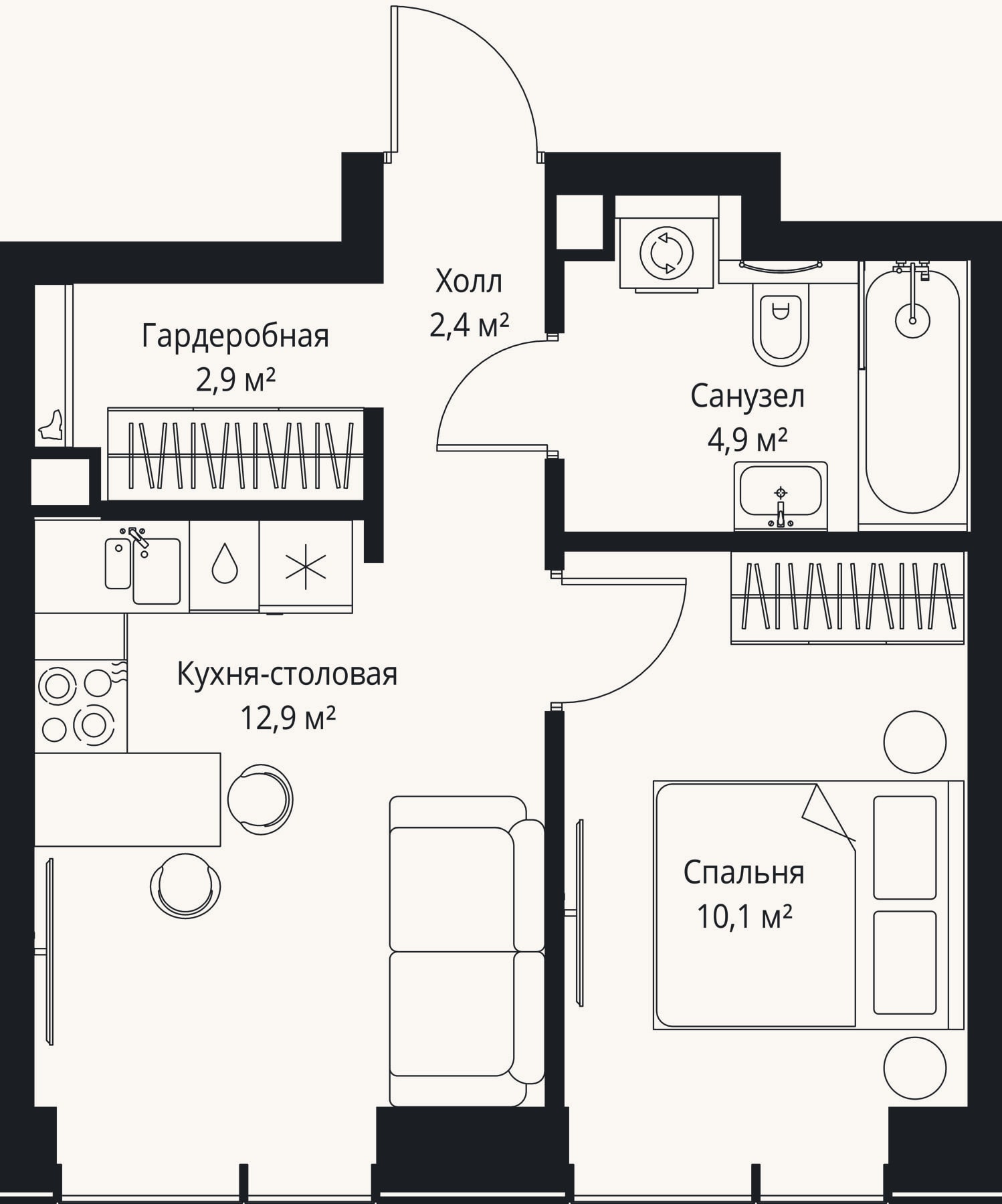 Планировка: 2-к, 33,2 м²
