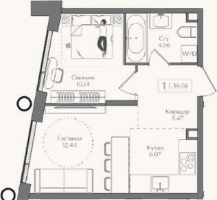 Планировка: 2-к, 39,1 м²