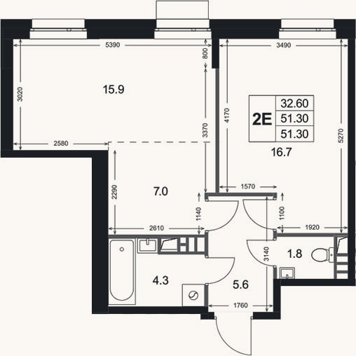 Планировка: 2-к, 51,3 м²
