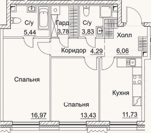 Планировка: 2-к, 65,5 м²