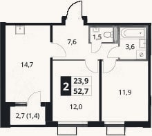 Планировка: 2-к, 51,3 м²
