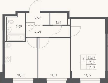 Планировка: 2-к, 52,4 м²