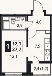 Планировка: 1-к, 26,5 м²