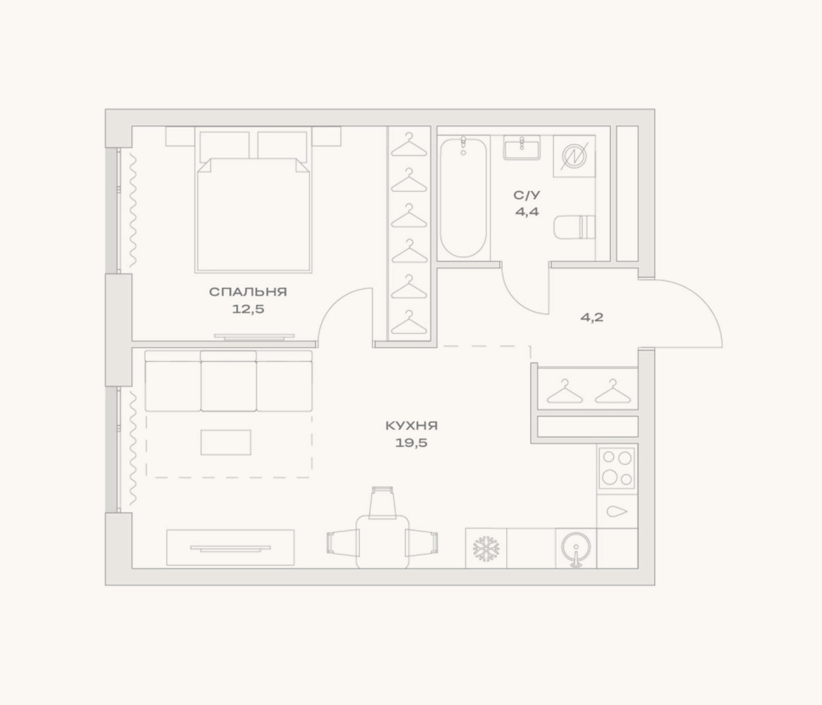 Планировка: 2-к, 40,6 м²