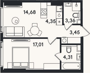 Планировка: 2-к, 47,2 м²