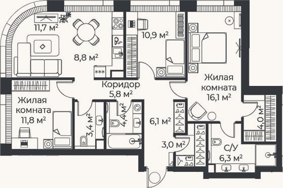 Планировка: 4+ к, 92,3 м²