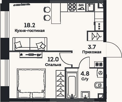 Планировка: 2-к, 38,7 м²