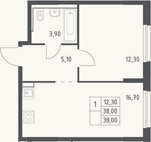 Планировка: 2-к, 38 м²