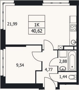Планировка: 1-к, 40,6 м²