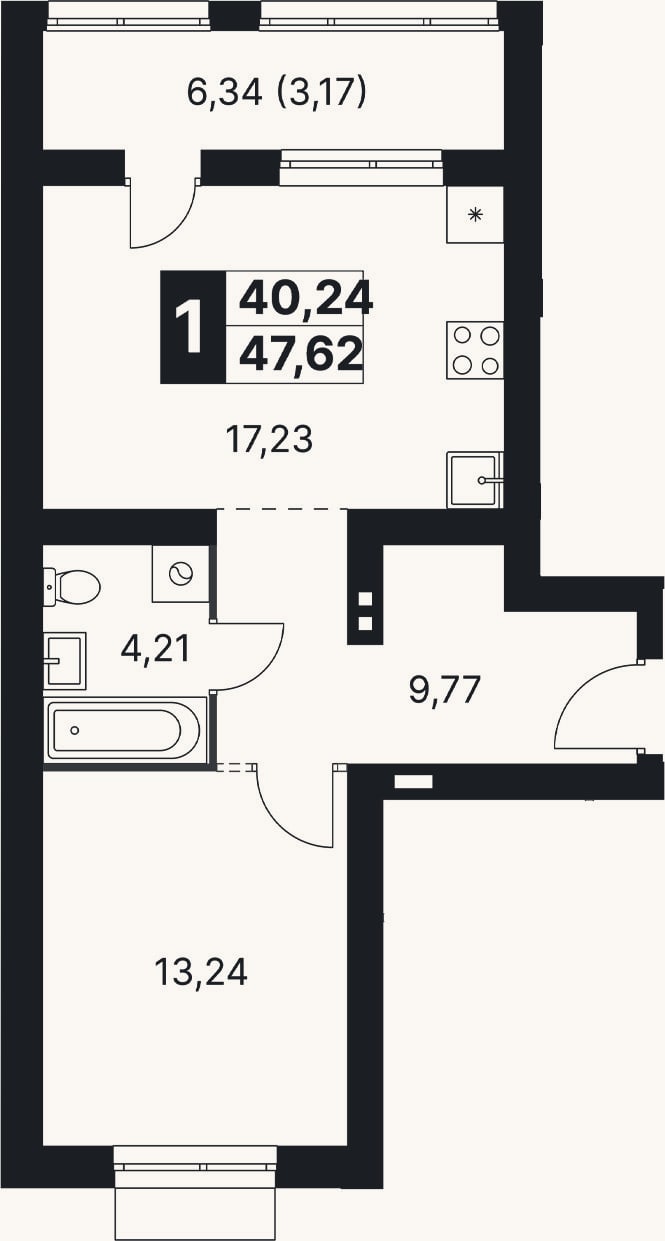 Планировка: 1-к, 44,5 м²