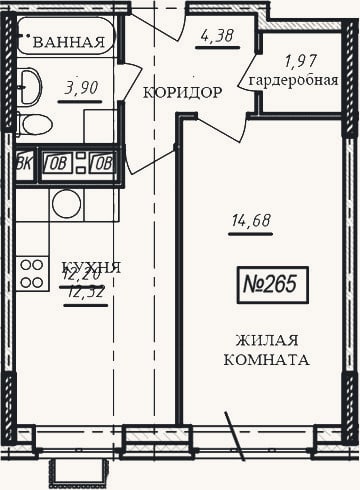 Планировка: 1-к, 37,1 м²