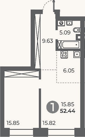 Планировка: 1-к, 52,4 м²