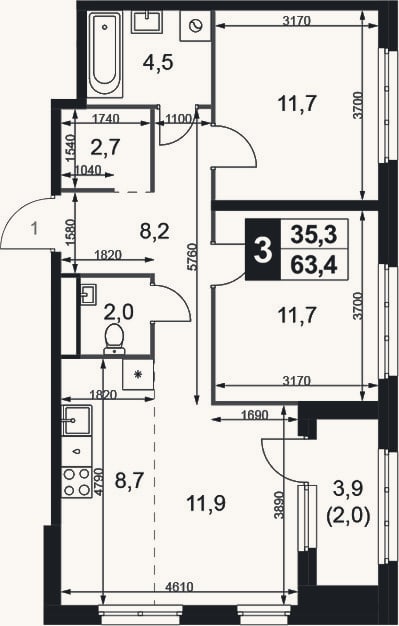 Планировка: 3-к, 61,4 м²