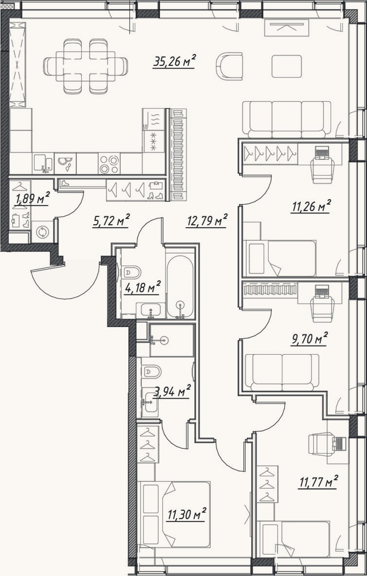 Планировка: 4+ к, 107,9 м²