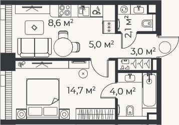 Планировка: 2-к, 37,5 м²