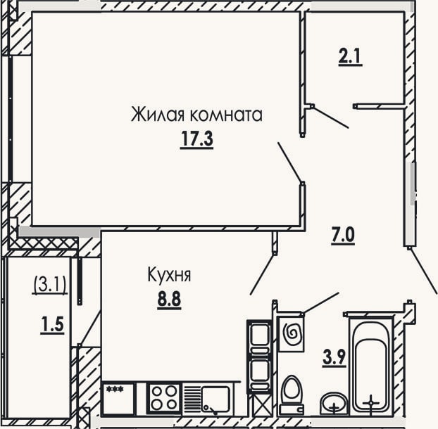 Планировка: 1-к, 39,1 м²