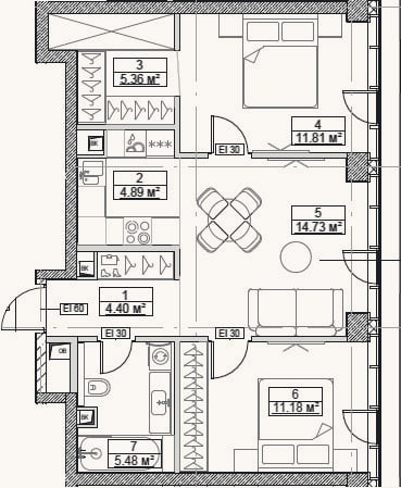 Планировка: 3-к, 57,9 м²